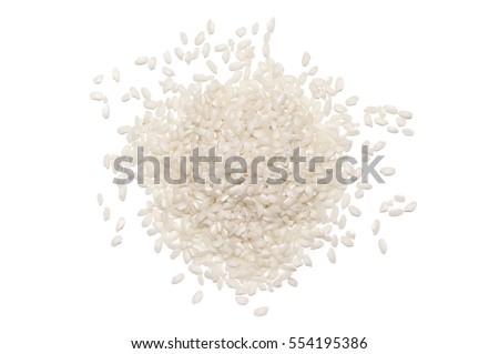 Pile of white glutinous rice isolated on white background. Top view.