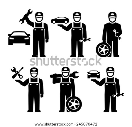 Car Mechanic Figure Pictogram Icons