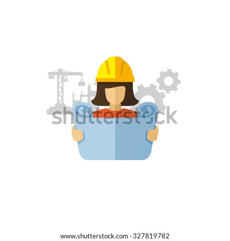 Woman Construction Engineer Reviewing Blueprint Vector icon