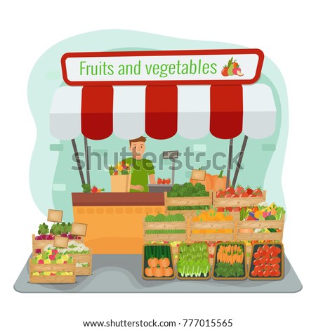 Local Farm Fruits Vegetables Market Happy Stock Vector 777015565 ...