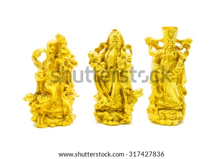Golden statue of Chinese deities called Fu Lu Shou or Three Stars God. Concept of blessings, prosperity and longevity. Shot on White background.