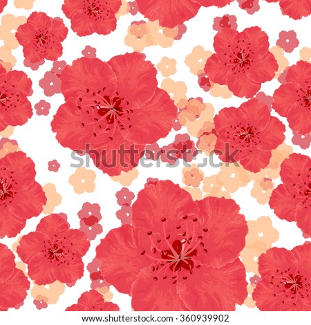Vector seamless pattern with peach red flowers on white background. Ornament made from watercolor hand painted elements.