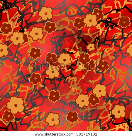Raster seamless floral pattern with five-petal abstract flowers like peach or sakura on varicolored background.