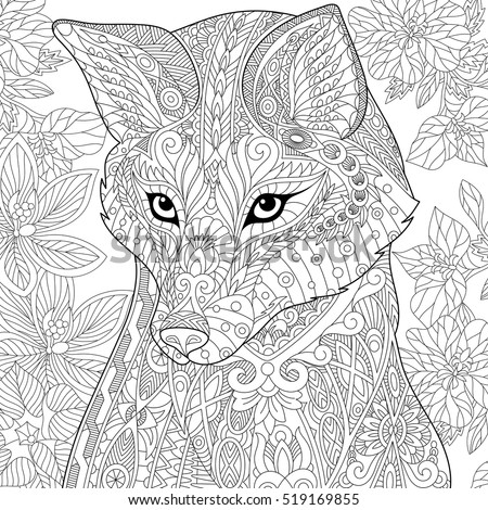 Stylized Cartoon Wild Fox Animal And Hibiscus Flowers Freehand Sketch For Adult Anti Stress Coloring