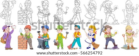 Cartoon working people set. Collection of professions. Mail man (postman), builder, blacksmith, plumber, cleaner, sweeper, gold miner, archaeological explorer. Coloring book pages for kids.