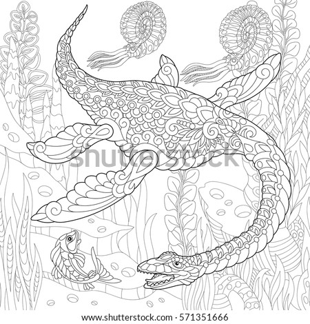 stock vector stylized plesiosaurus dinosaur of the mesozoic era freehand sketch for adult anti stress coloring 571351666