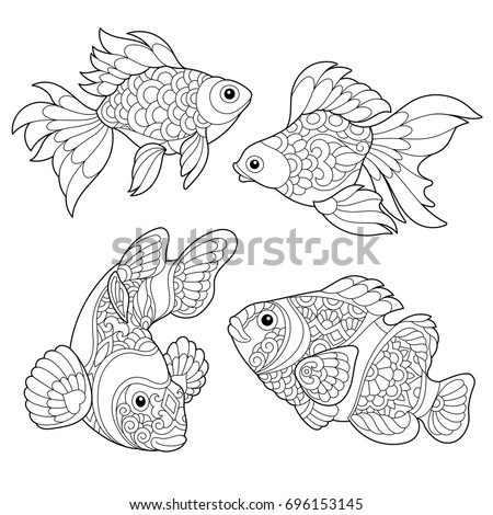Coloring Page Of Goldfish And Clown Fish Freehand Sketch Drawing For Adult Antistress Book