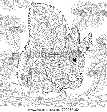 Coloring Page Of A Squirrel Sitting On An Oak Tree Branch And 