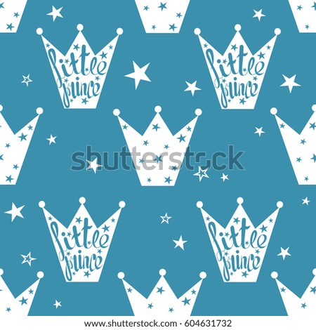 Hand drawn seamless pattern with crowns and stars. Blue and white background vector. Colorful children's backdrop, little prince. Decorative wallpaper, good for printing