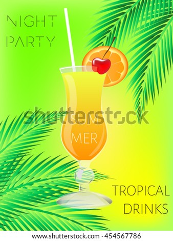 Cocktail. Summer tropical coctail poster with palm leaves.