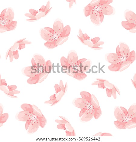 Pink cherry sakura japanese spring flowers seamless pattern. Tree bloom blossom. Feminine girlish style mood. Vector design illustration.