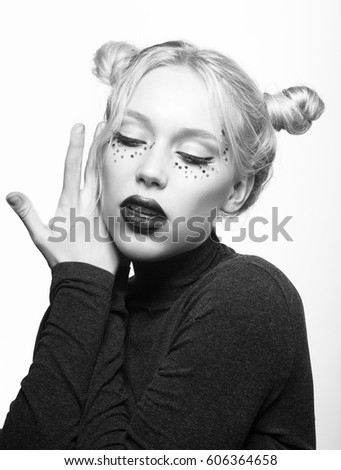 Creative Modern Retro Style Make Up Look Face Of Beautiful Blonde Woman Decorated With Creative Modern Retro Style Make Up Look Face Of Beautiful Blonde Woman Decorated With