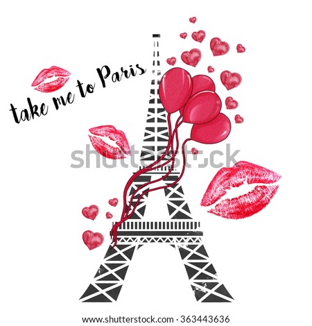 watercolor hand drawn illustration - Eiffel tower with ballons, lipstick marks and hearts