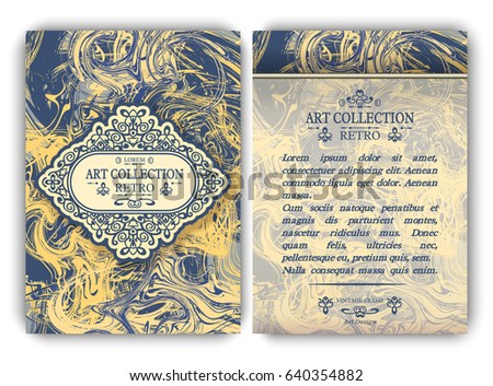 Flyer template with calligraphic frames on yellow and blue marble imitation background. Set of front and back A4 page design for greeting cards, menu, layout, brochure, book