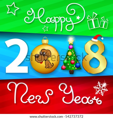 2018 Happy New Year greeting card. Celebration background with dog .Chinese New Year of the dog. Vector Illustration