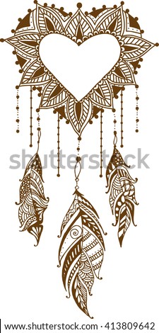 Download Handdrawn Heart Mandala Dreamcatcher Feathers Ethnic Stock ...