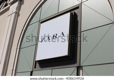 SERRIS, FRANCE - APRIL 18, 2016: Logo of Zara brand. Zara is the leading clothing retail chain of the Spanish group Inditex