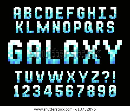 alphabet computer games on Font Pixel Computer Video Stock 610732895 Game Blue Vector