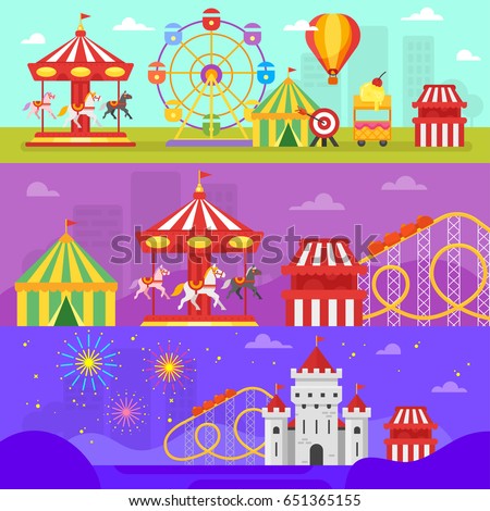 spanduk desain vintage Style Park Set Flat à¹€à¸§à¸à¹€à¸•à¸­à¸£à¹Œà¸ªà¸•à¹‡à¸­à¸ Vector Amusement