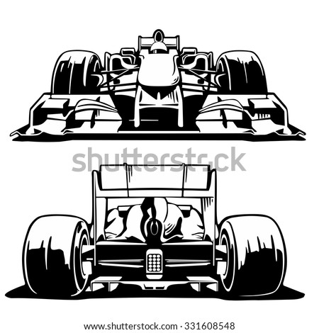 Racing car formula 1 front and back view engraving vintage vector black illustration isolated Racing car formula 1 front and back view engraving vintage vector black illustration isolated