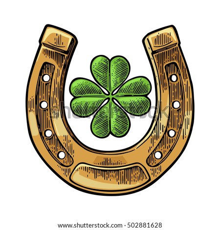 Good luck four leaf clover and horseshoe. Vintage vector color engraving illustration for info graphic, poster, web. Isolated on white background.