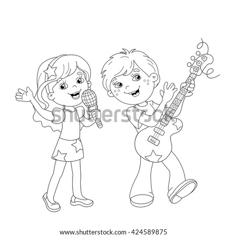 coloring page outline of cartoon boy and girl singing a song with a guitar coloring