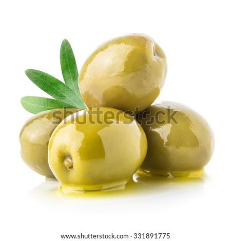 Green olives & oil isolated on a white