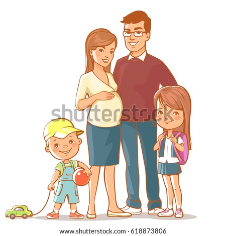 Family together. Pregnant woman with husband, teenage daughter and five year old son. Father, mother, sister, brother. Young woman expecting baby with hand on belly. Vector illustration.