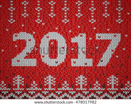 Card of New Year 2017 with knitted texture. Christmas jumper fragment with 2017 New Year. Vector illustration for new years day, christmas, winter holiday, new years eve, knitting, silvester, etc