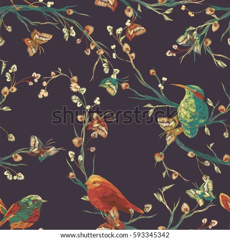 Vintage Seamless pattern: bird, butterfly and flower, leaf, branch, isolated on background. Imitation of embroidery, watercolor. Hand drawn vector illustration, separated editable elements.