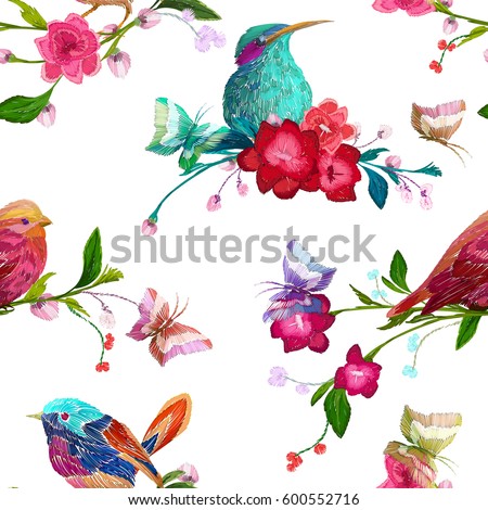 Vintage Seamless pattern: bird, butterfly and flower, leaf, branch, isolated on background. Imitation of embroidery, watercolor. Hand drawn vector illustration, separated editable elements.
