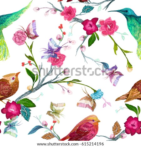 Vintage Seamless Pattern Bird Butterfly Flower Stock Vector 541658191 ...