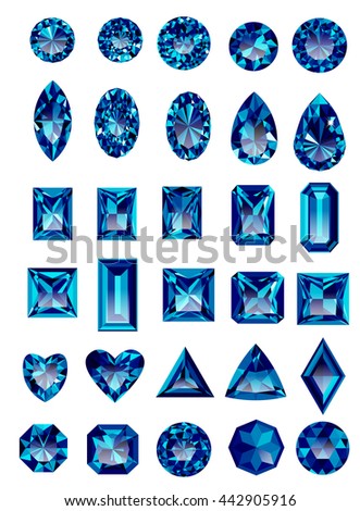 Set of realistic blue amethyst jewels isolated on white background with different cuts. Princess cut jewel. Round cut jewel. Emerald cut jewel. Oval cut jewel. Pear cut jewel . Heart cut jewel.