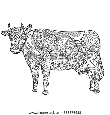 Anti Stress Coloring Book Page With Doodle And Zentangle Elements Cow On White Background Farm Animal Black Lines Freehand Sketch For