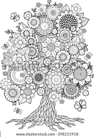 Harmony Of Nature Coloring Book Blossom Tree Vector Elements Coloring Book Stock Vector