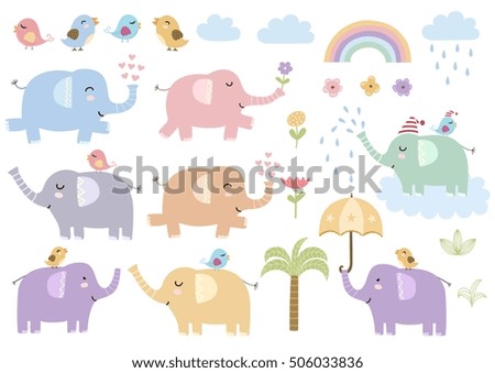 Vector set of cute isolated elephants. Great for baby shower and kids design. Elephants, birds, palm, clouds, flowers and rainbow