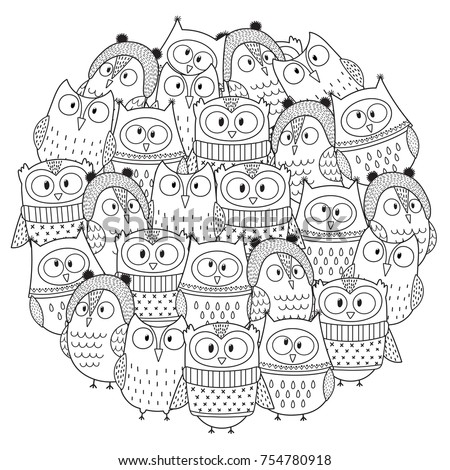 Funny Owls Winter Circle Shape Pattern Stock Vector ...
