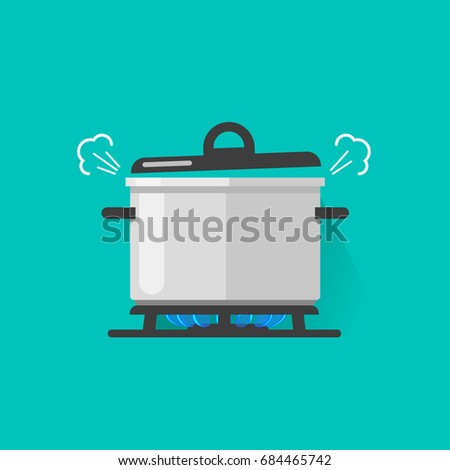 Pan With Steam On Gas Stove Fire Cooking Some Boiling Food Illustration Isolated Flat Cartoon Pan With Steam On Gas Stove Fire Cooking Some Boiling Food Illustration Isolated Flat Cartoon