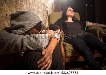 No to drugs concept. Man and woman with AIDS resting and relaxing. Disease concept. Drug addict sleeping after taking drugs.