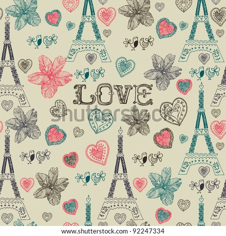Love Paris Seamless Pattern Stock Vector 92247334 Shutterstock Gambar Kartun