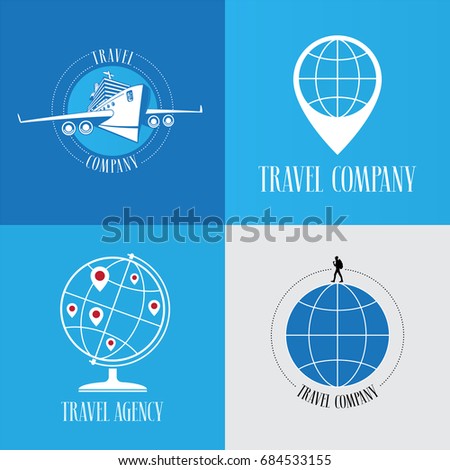 Set Of Travel Agency Vector Logo Emblem Globe With Pins Plane Graphic Design Set Of Travel Agency Vector Logo Emblem Globe With Pins Plane Graphic Design