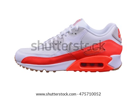 BURGAS, BULGARIA - AUGUST 29, 2016: Nike Air MAX lady's - women's shoes - sneakers - trainers, in white and orange, illustrative, editorial isolated on white