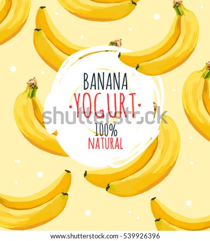 Beautiful vector illustration with banana and milk splashes. Yogurt logo on the yellow banana background.