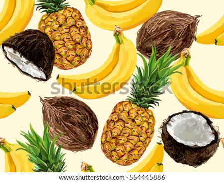 Beautiful hand drawn pattern with bananas, coconuts, pineapples. Seamless vector floral pattern, summer background.