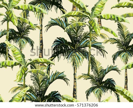 Beautiful seamless vector floral summer pattern with banana palm tree, coconut palm tree. Perfect for wallpapers, web page backgrounds, surface textures, textile.