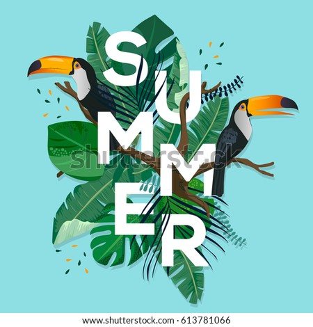 Summer letter with tropical leaves. Season sale vector label. Foliage lettering. Tropical illustration. Summertime poster. For t-shirt, fashion, prints, banner or packaging design.