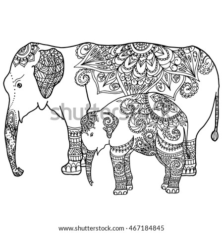 hand drawn zentangle elephant family mandala stock vector 467184845