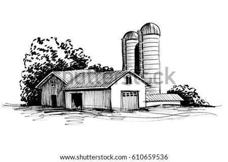 Coloring Page Rural Landscape Farm House Stock Vector 717473440 