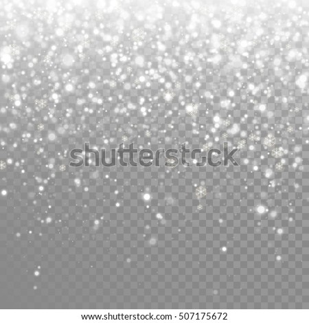 Snow falling background. Vector magic Christmas eve snowfall. White glitter snowflakes falling down on transparent background.
