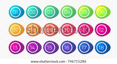 Number bullet point flat color gradient web icons set 1 to 18. Vector isolated step circle buttons or number bullet buttons of round white outline bubbles template on transparent background